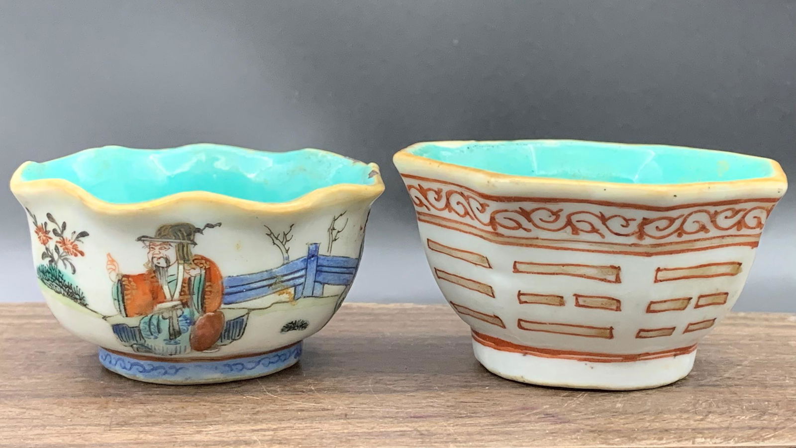 2 chinese antique famille rose turquoise interior porcelain bowl: stands not included; 2.5" x 1.4"