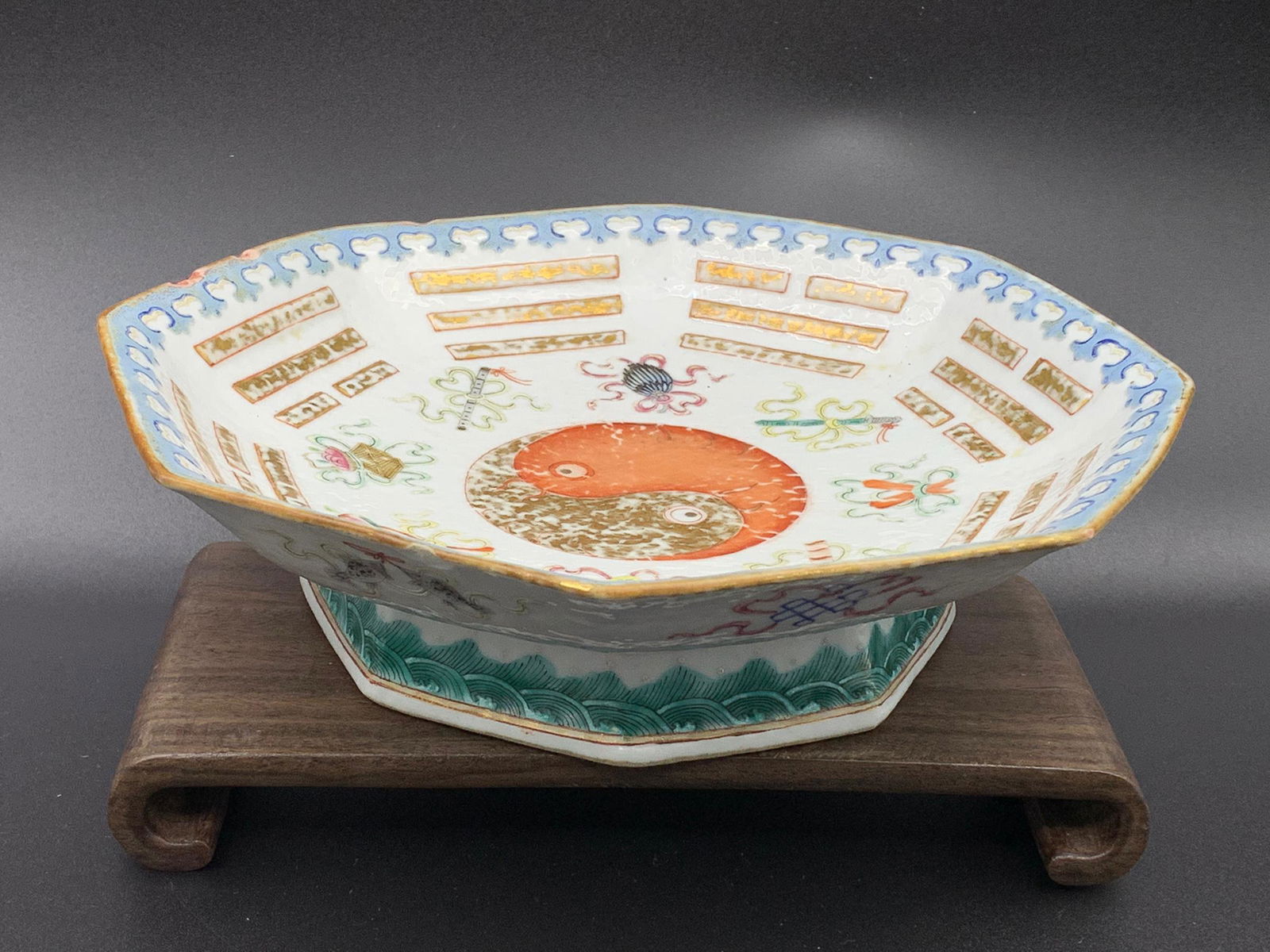 Fine chinese antique famille rose turquoise glazed: 9" x 2.5"; slight chip; stands not included;