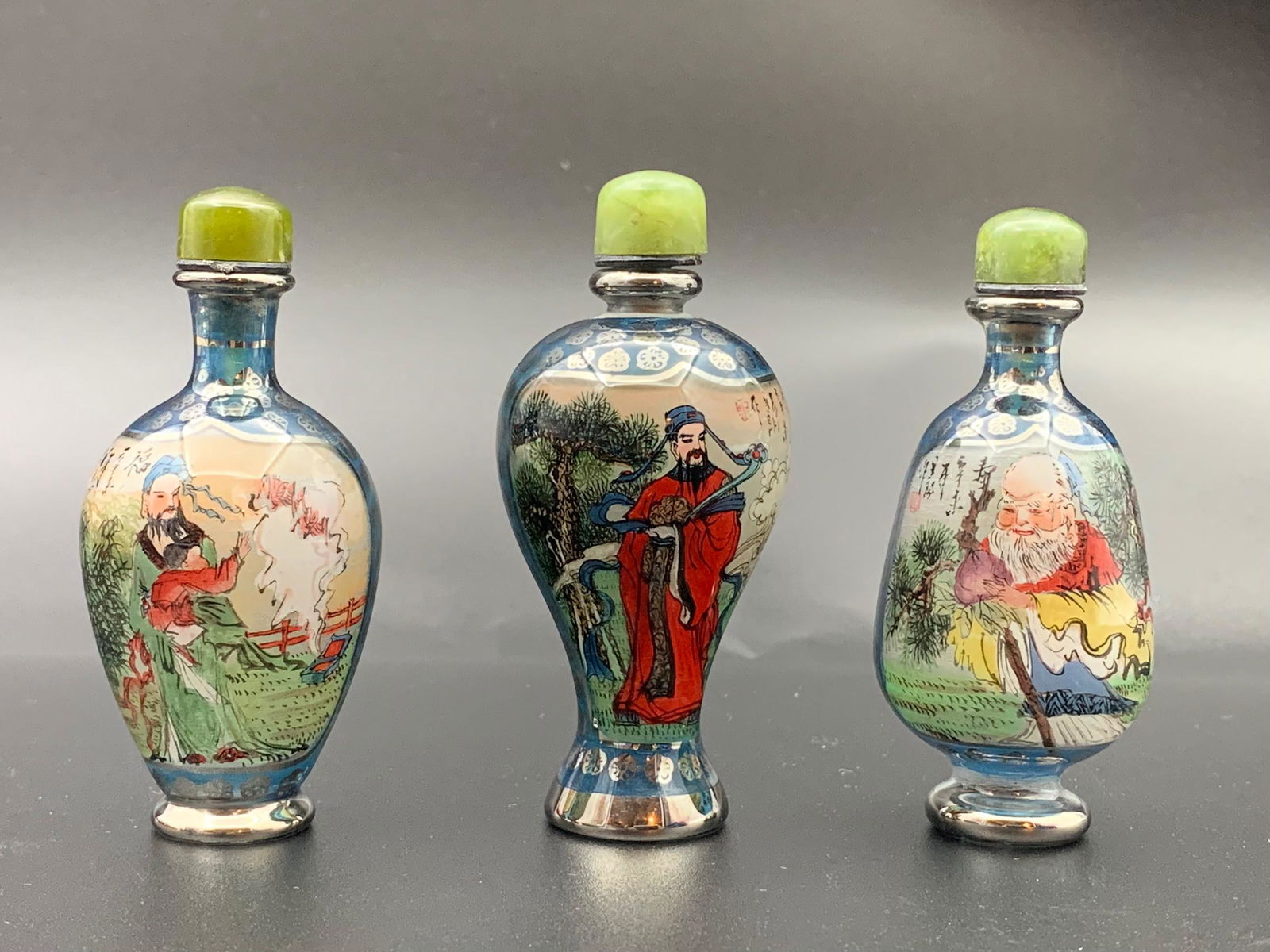 3 chinese reverse painting glass with jade tops snuff bottles in box (1 of 9)