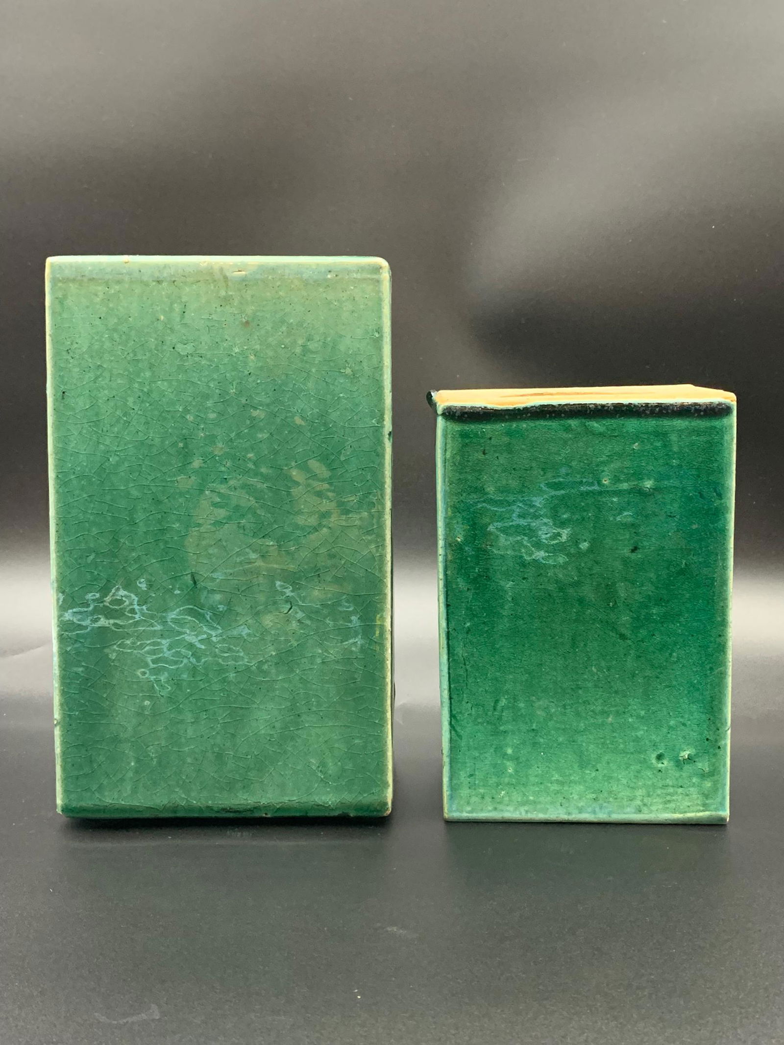 2 chinese antique green glazed rectangular vases: 9"H