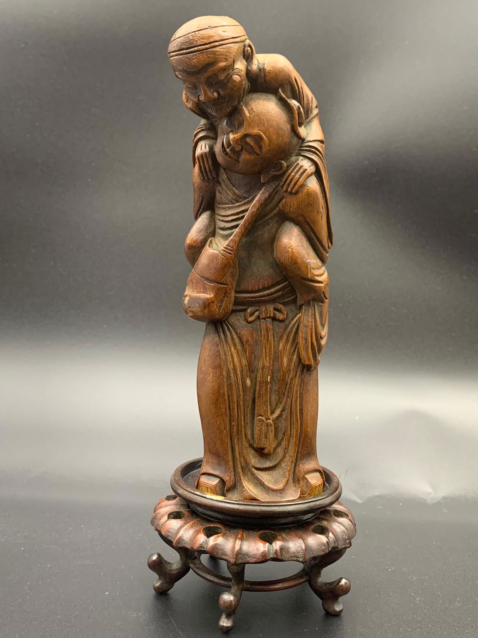 Chinese antique bamboo carved figurine: H: 9"; stand not included;