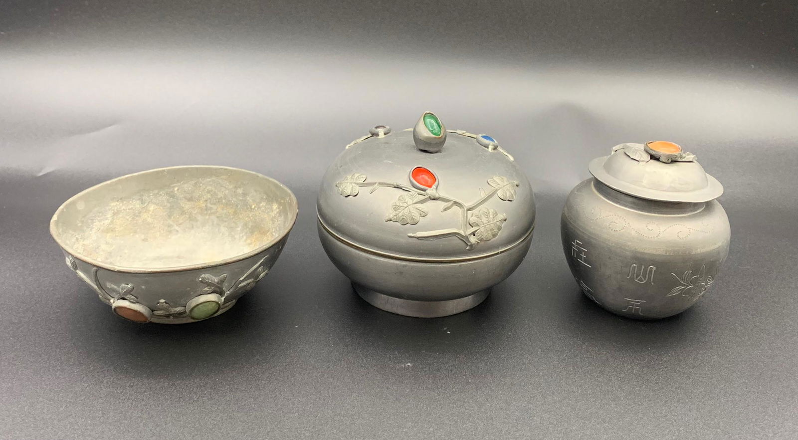 Set of fine chinese antique pewter with jade, coral, and crystal: 3" x 4.15"