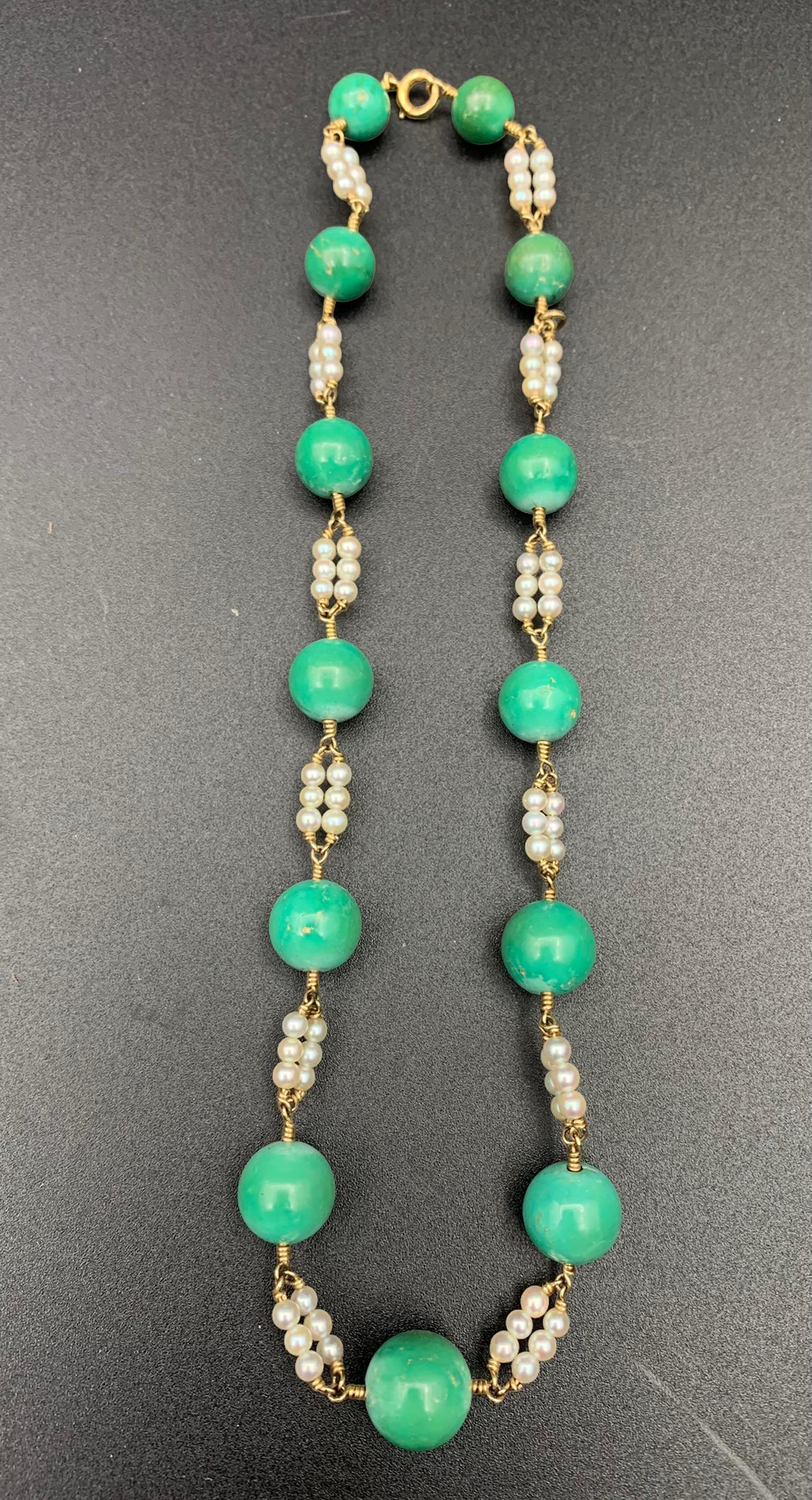14k gold turquoise and pearl beads necklace (1 of 5)