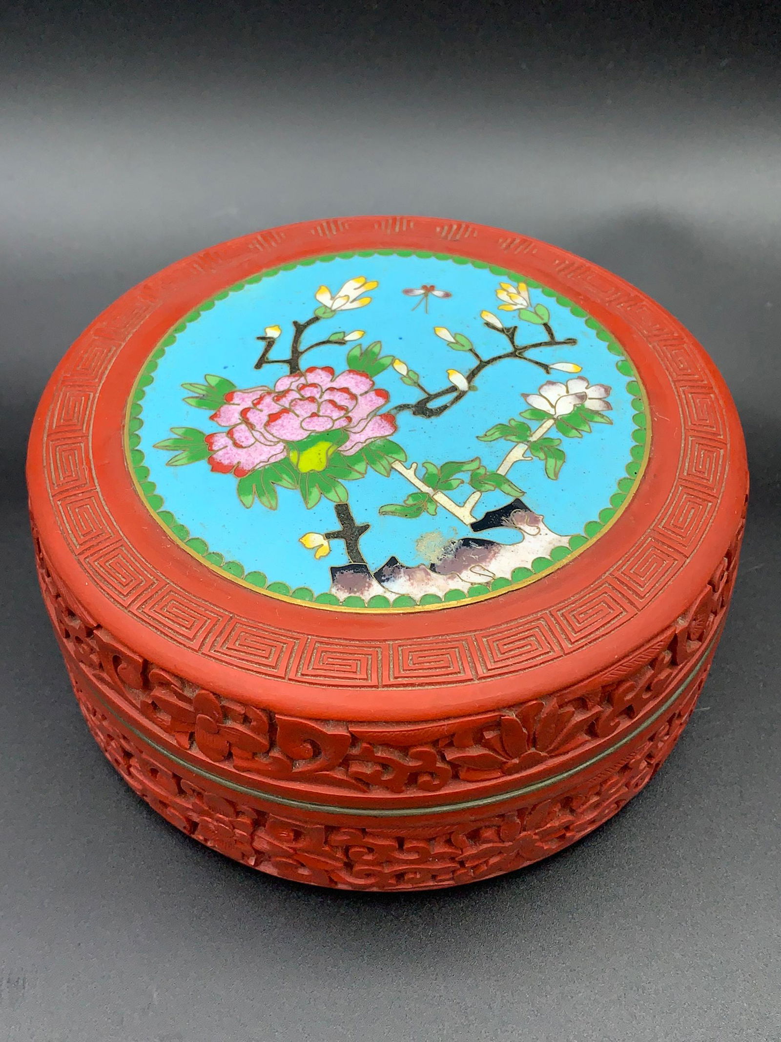 Chinese antique cinnabar character scene box with cloisonne plaque embedded: 6"D