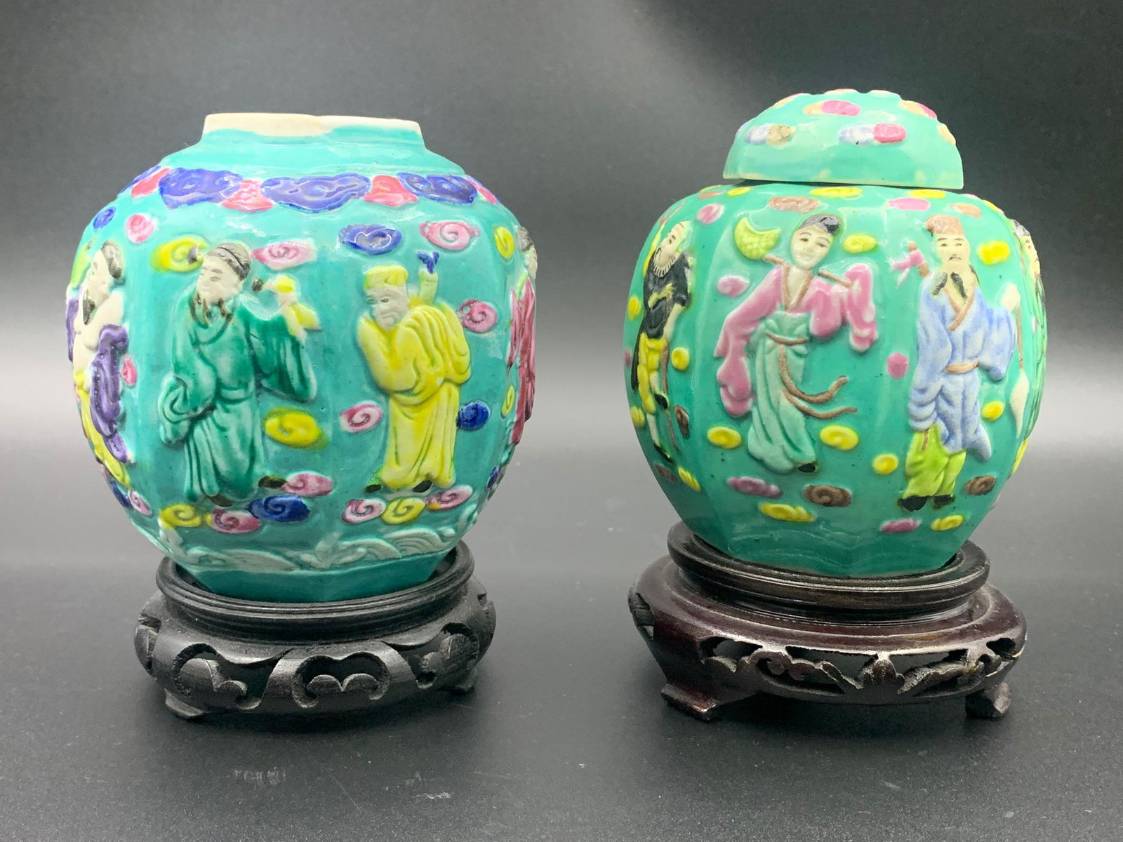 Pair of fine chinese antique turquoise glazed famille rose "eight immortals figures" porcelain jars (1 of 9)