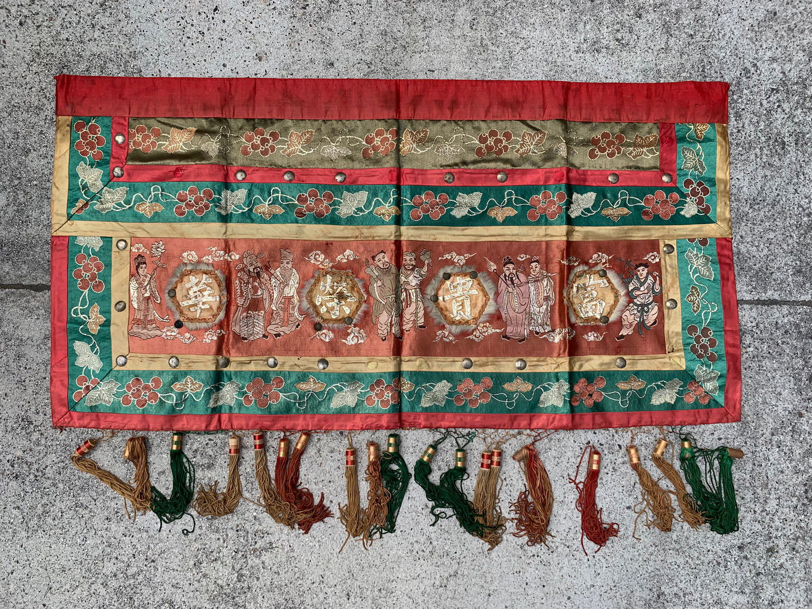 Chinese antique red embroidery with calligraphy and figurine scene: 42.5" x 28.5"