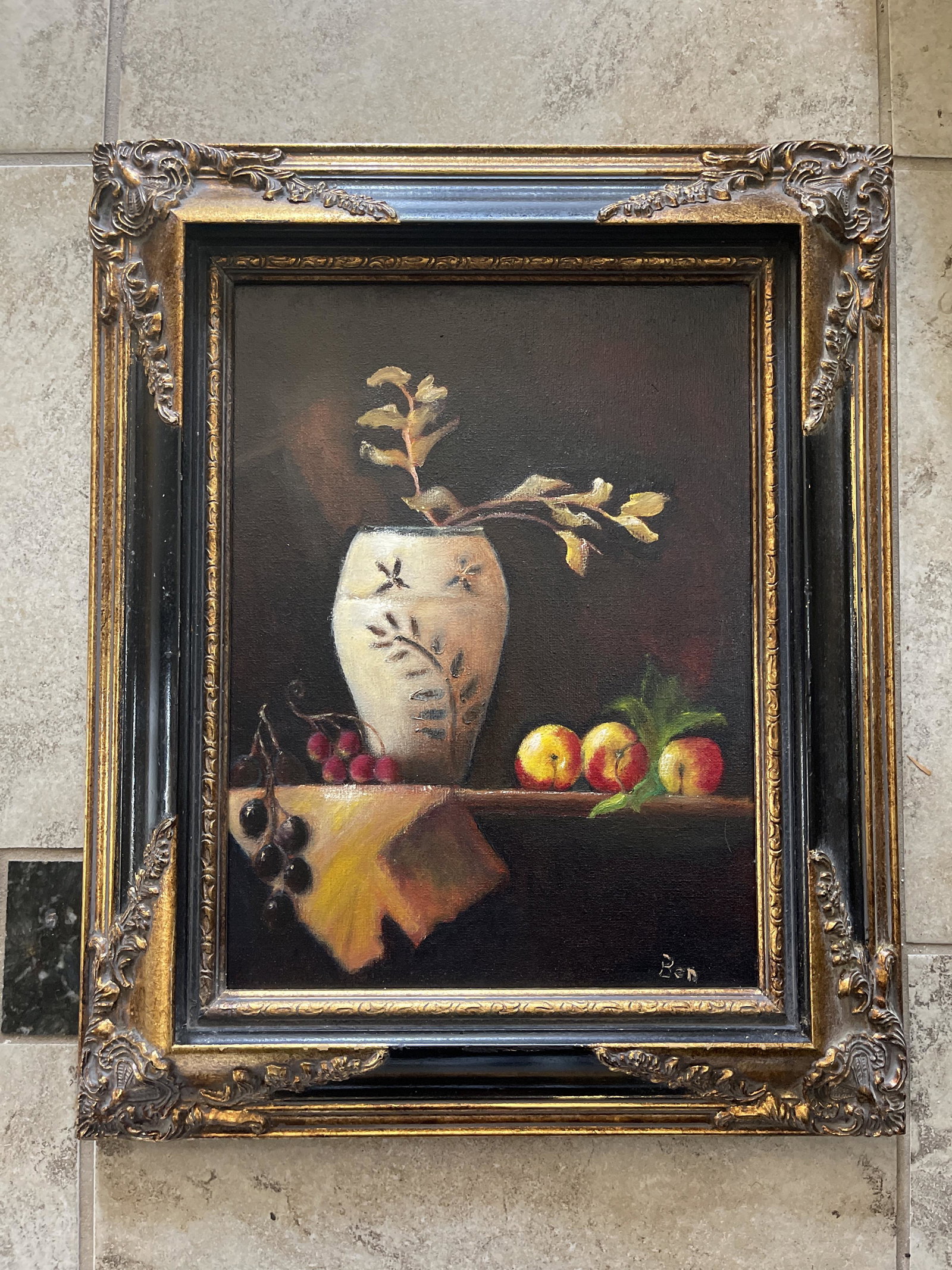 Oil on Canvas Signed "Ben": Signed Oil on Canvas Depicting Fruits and a Vase. Frame measures 21.5" by 17.5". Measures 16" by 12" out of frame.