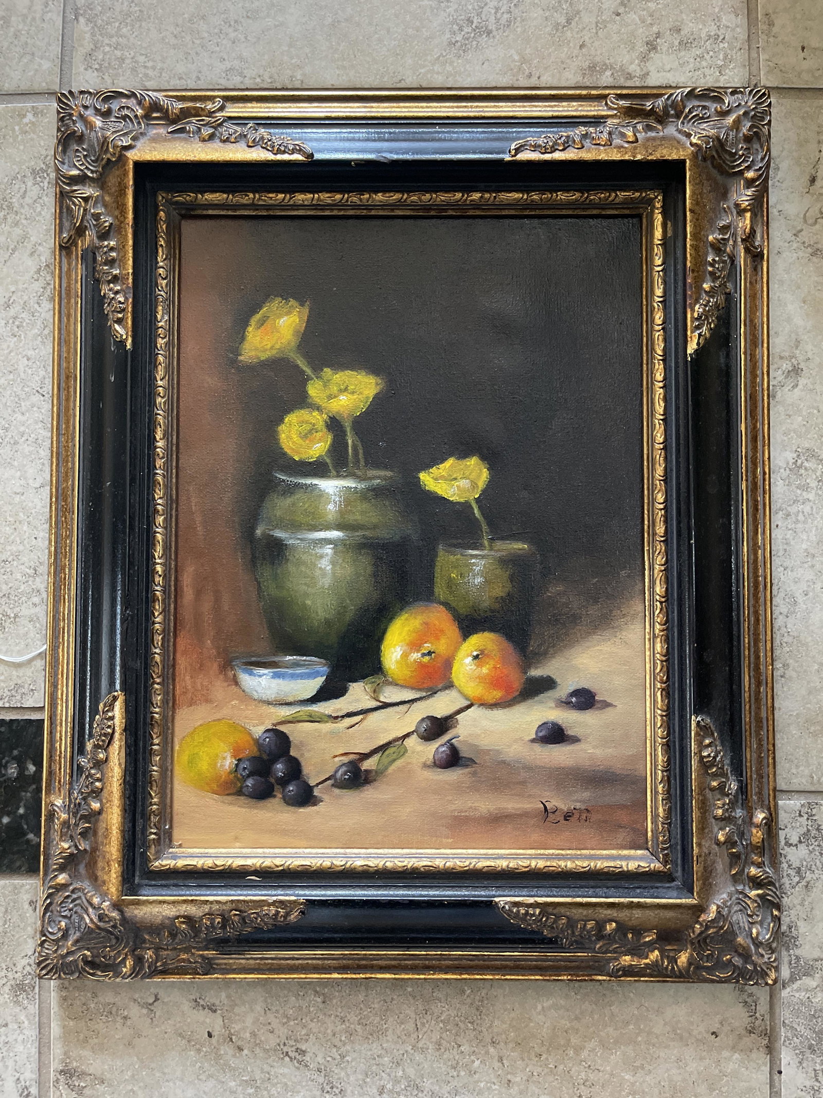 Oil on Canvas Signed "Ben": Signed Oil on Canvas Depicting Flowers, Vases, and Fruit. Frame measures 21.5" by 17.5". Canvas alone measures 16" by 12".