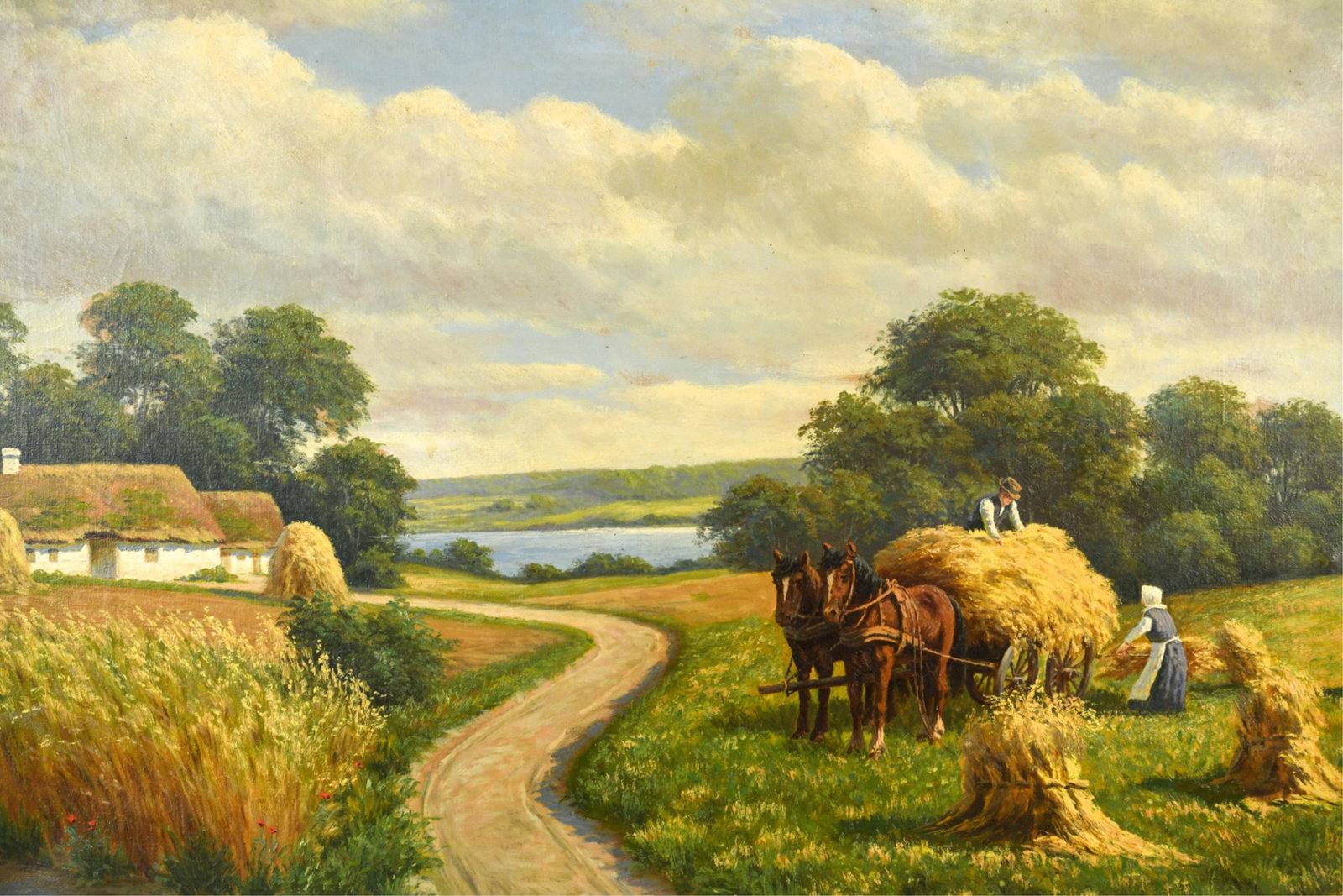 ALFRED LARSEN, DANISH (1860-1946) O/C: Oil on canvas of hay gatherers. Signed lower right. Dimensions: (Frame) H 35" x W 47", (Canvas) H 27.75" x W 39.5" Condition: Dirty surface, frame with some marks.
