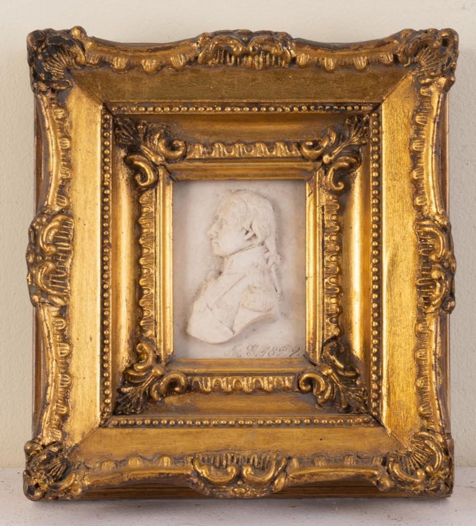 Alabaster Carved Relief Portrait: Dated 1822, in a gilt frame, 8 x 7 inches frame size.