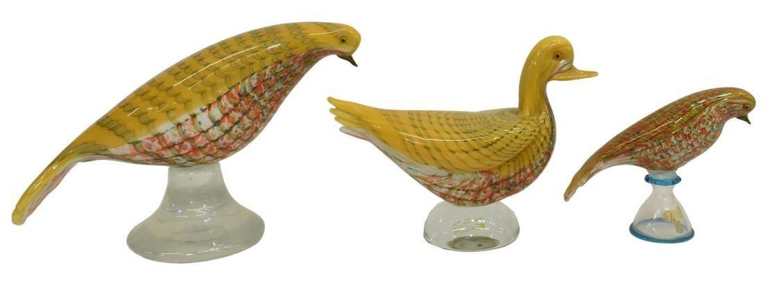 (3) ITALIAN MURANO & VENETIAN ART GLASS FIGURES: Set of 3 Birds, (one) with repaired beak, (one) with loss to tail, largest: approx 8"h, 14.5"l, 5"w; 16.5lbs total **Provenance: From the estate of Ali A. Abssi (1934-2020) and Florence Hall Abssi (19
