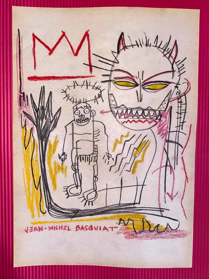 Jean-Michel Basquiat Mixed Media (In the Style of): In the style of Jean-Michel Basquiat Drawing on paper 11 1/2 x 8 1/4 in. Jean-Michel Basquiat (December 22, 1960 Â– August 12, 1988) was an American artist of Haitian and Puerto Rican descent. Basq
