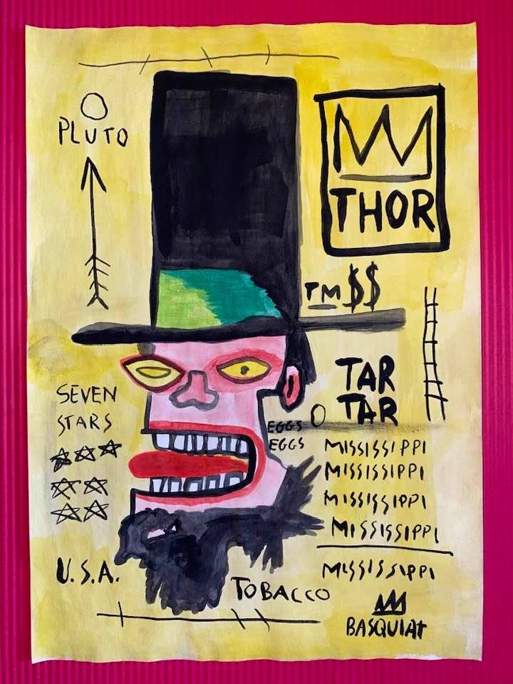 Jean-Michel Basquiat Mixed Media (In the Style of): In the style of Jean-Michel Basquiat Drawing on paper 11 1/2 x 8 1/4 in. Jean-Michel Basquiat (December 22, 1960 Â– August 12, 1988) was an American artist of Haitian and Puerto Rican descent. Basq