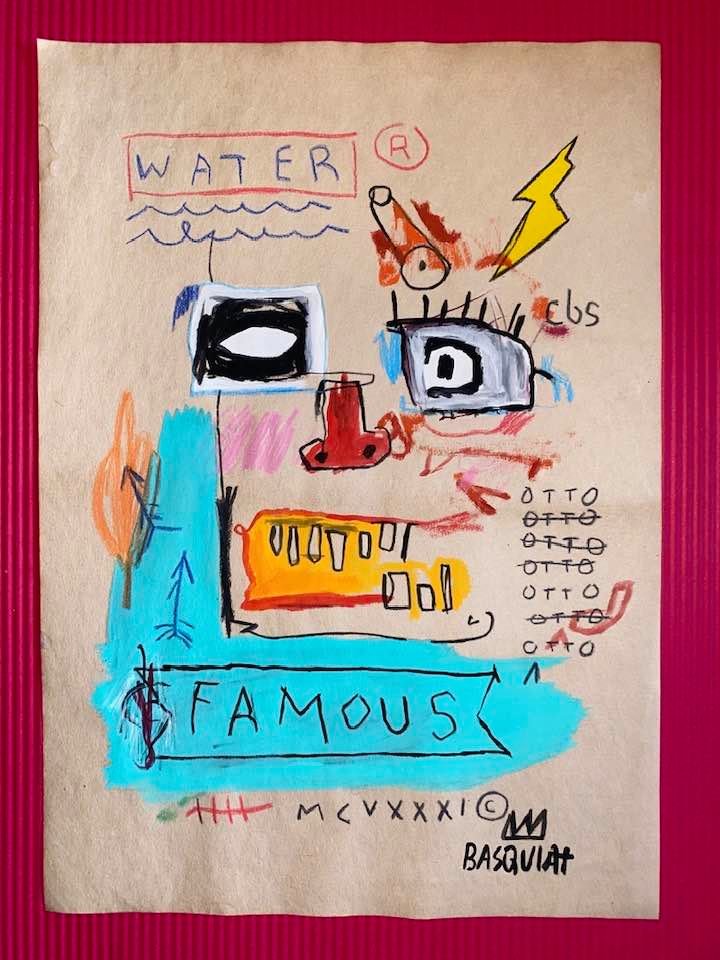 Jean-Michel Basquiat Mixed Media (In the Style of): In the style of Jean-Michel Basquiat Drawing on paper 11 1/2 x 8 1/4 in. Jean-Michel Basquiat (December 22, 1960 Â– August 12, 1988) was an American artist of Haitian and Puerto Rican descent. Basq