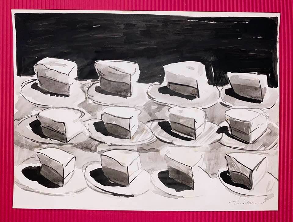 Wayne Thiebaud Drawing On Paper (In the Style Of): In the style of Wayne Thiebaud Drawing on paper 9 3/4 x 7 1/4 in. Wayne Thiebaud (born November 15, 1920) is an American painter known for his colorful works depicting commonplace objects—pies, lips