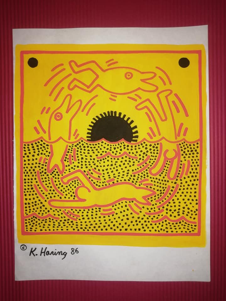 Keith Haring mixed media drawing (in the style of): In the style of Keith Haring Drawing on paper 10 x 7 1/2 in. Keith Haring was born in 1958 in Reading, Pennsylvania, and grew up in Kutztown, a nearby town. He died in New York in 1990. ... In 1982, t