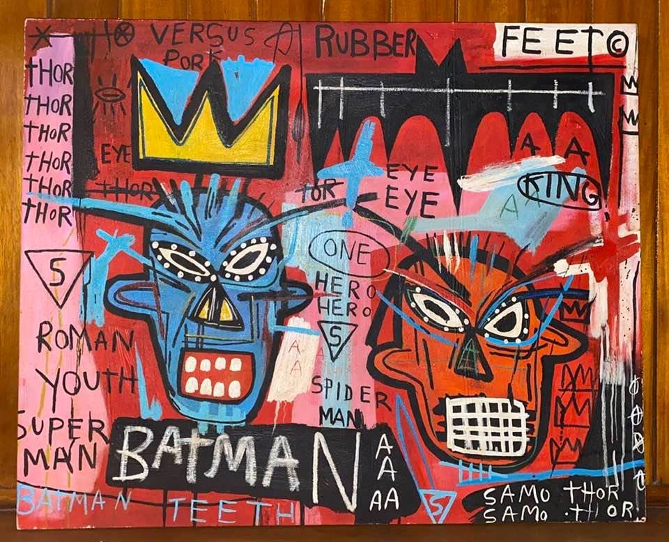Jean Michel Basquiat (Oil on Canvas) Style of: In the style of Jean-Michel Basquiat Oil on Canvas 31 1/2 x 25 1/2 in. Jean-Michel Basquiat (December 22, 1960 – August 12, 1988) was an American artist of Haitian and Puerto Rican descent. Basquiat