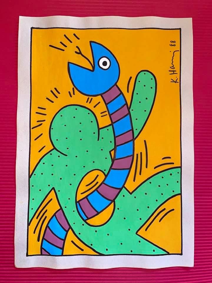 Keith Haring mixed media drawing (in the style of): In the style of Keith Haring Drawing on paper 11 3/4 x 8 1/4 in. Keith Haring was born in 1958 in Reading, Pennsylvania, and grew up in Kutztown, a nearby town. He died in New York in 1990. ... In 198