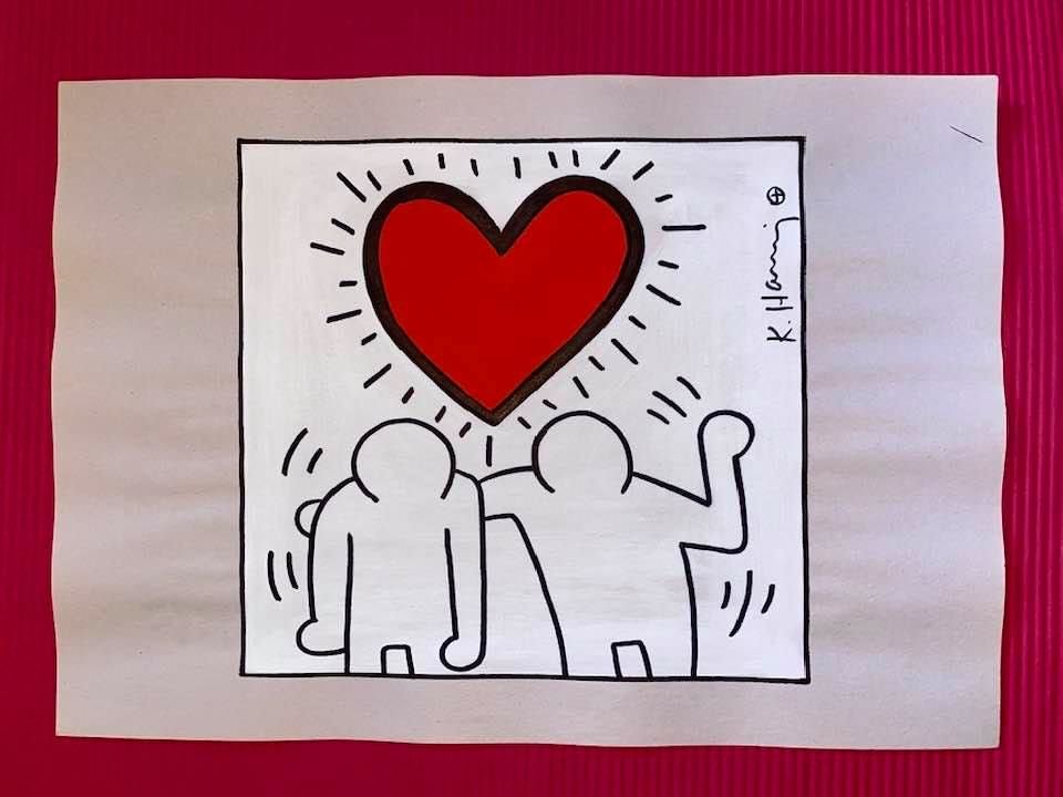 Keith Haring mixed media drawing (in the style of): In the style of Keith Haring Drawing on paper 11 3/4 x 8 1/4 in. Keith Haring was born in 1958 in Reading, Pennsylvania, and grew up in Kutztown, a nearby town. He died in New York in 1990. ... In 198