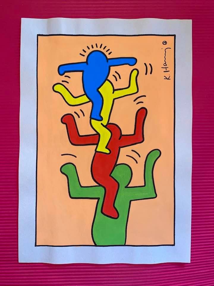 Keith Haring mixed media drawing (in the style of): In the style of Keith Haring Drawing on paper 11 3/4 x 8 1/4 in. Keith Haring was born in 1958 in Reading, Pennsylvania, and grew up in Kutztown, a nearby town. He died in New York in 1990. ... In 198