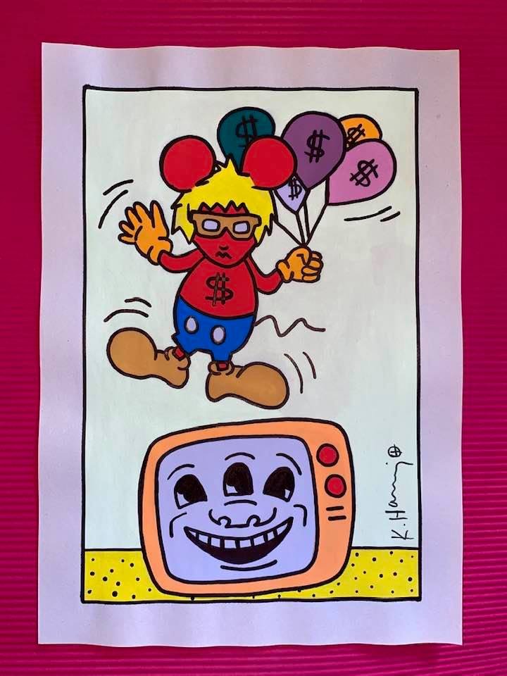 Keith Haring mixed media drawing (in the style of): In the style of Keith Haring Drawing on paper 11 3/4 x 8 1/4 in. Keith Haring was born in 1958 in Reading, Pennsylvania, and grew up in Kutztown, a nearby town. He died in New York in 1990. ... In 198