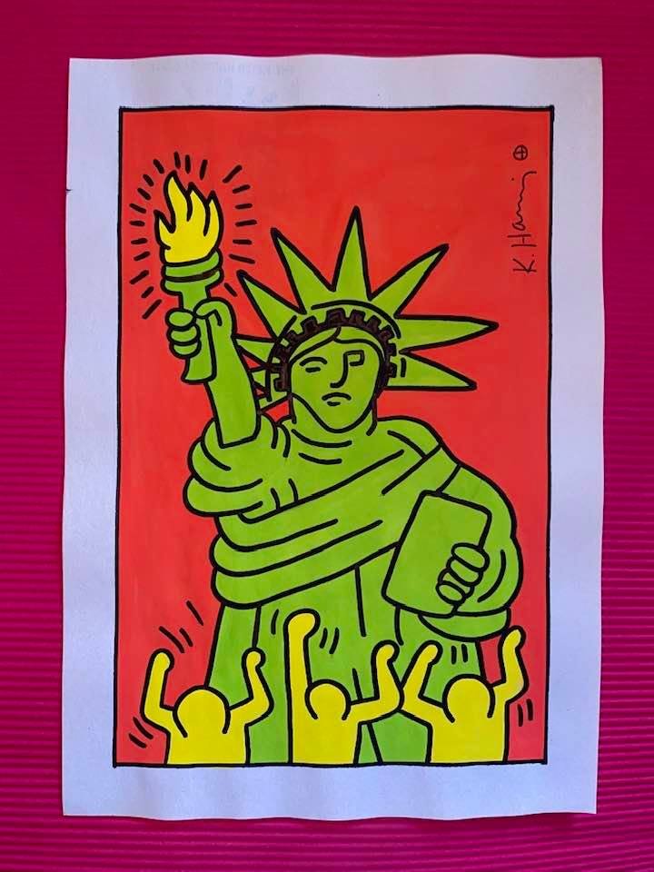 Keith Haring mixed media drawing (in the style of): In the style of Keith Haring Drawing on paper 11 3/4 x 8 1/4 in. Keith Haring was born in 1958 in Reading, Pennsylvania, and grew up in Kutztown, a nearby town. He died in New York in 1990. ... In 198