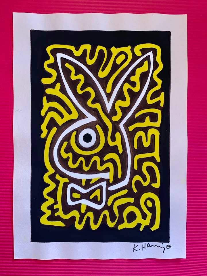 Keith Haring mixed media drawing (in the style of): In the style of Keith Haring Drawing on paper 11 3/4 x 8 1/4 in. Keith Haring was born in 1958 in Reading, Pennsylvania, and grew up in Kutztown, a nearby town. He died in New York in 1990. ... In 198