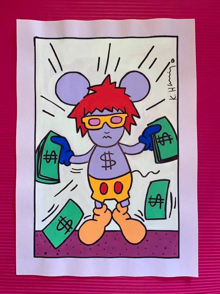 Keith Haring mixed media drawing (in the style of): In the style of Keith Haring Drawing on paper 11 3/4 x 8 1/4 in. Keith Haring was born in 1958 in Reading, Pennsylvania, and grew up in Kutztown, a nearby town. He died in New York in 1990. ... In 198