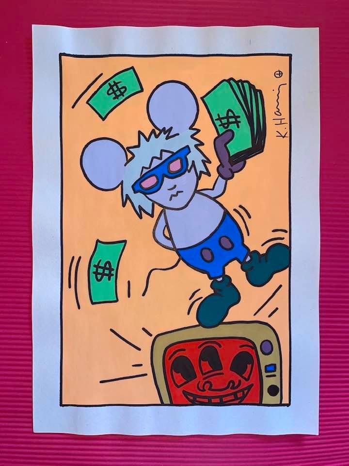 Keith Haring mixed media drawing (in the style of): In the style of Keith Haring Drawing on paper 11 3/4 x 8 1/4 in. Keith Haring was born in 1958 in Reading, Pennsylvania, and grew up in Kutztown, a nearby town. He died in New York in 1990. ... In 198