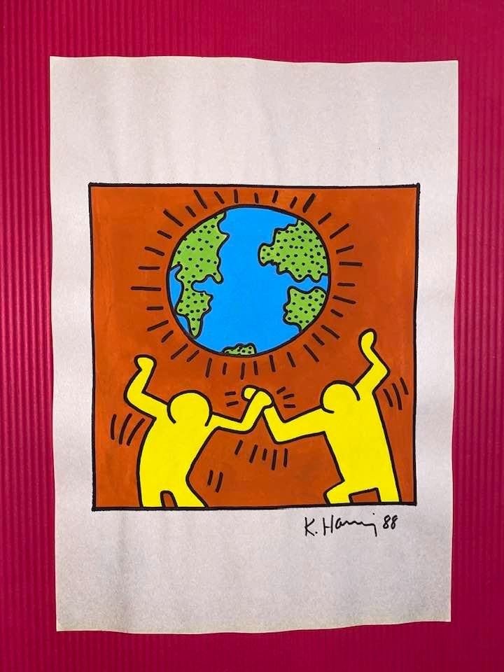 Keith Haring mixed media drawing (in the style of): In the style of Keith Haring Drawing on paper 11 3/4 x 8 1/4 in. Keith Haring was born in 1958 in Reading, Pennsylvania, and grew up in Kutztown, a nearby town. He died in New York in 1990. ... In 198