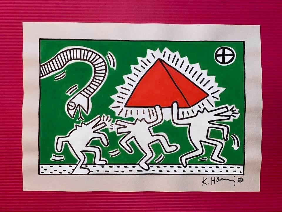 Keith Haring mixed media drawing (in the style of): In the style of Keith Haring Drawing on paper 11 3/4 x 8 1/4 in. Keith Haring was born in 1958 in Reading, Pennsylvania, and grew up in Kutztown, a nearby town. He died in New York in 1990. ... In 198