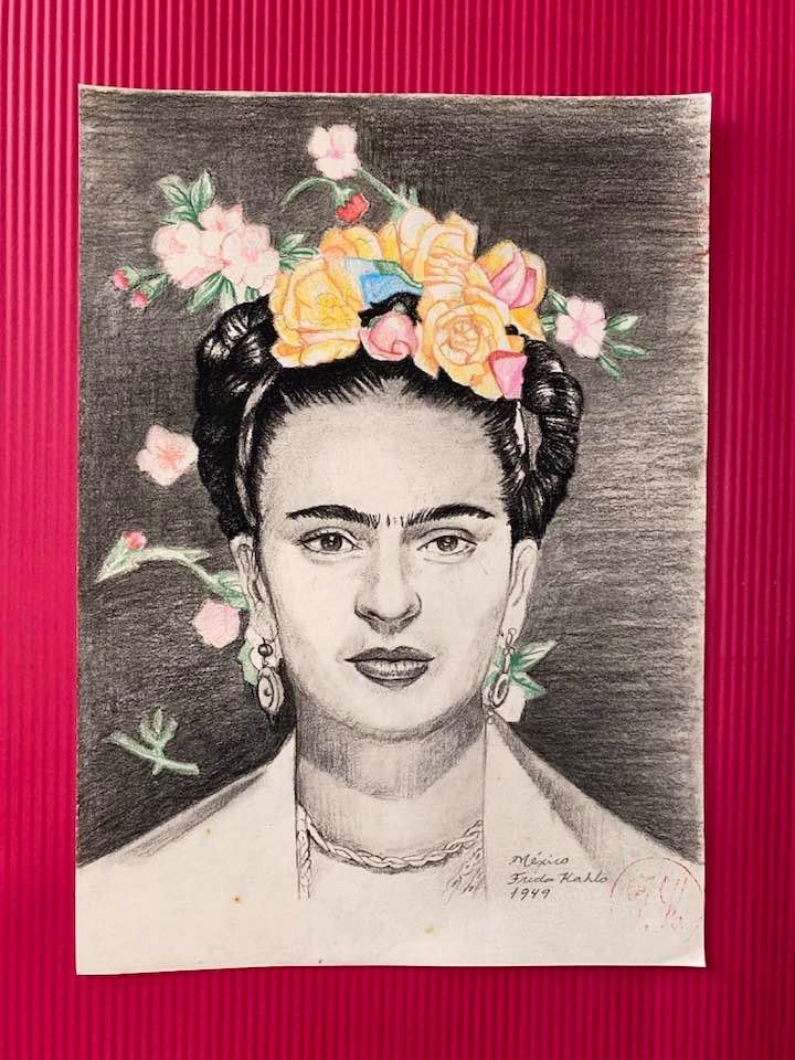 In the style of Frida Kahlo: Frida Kahlo (Mexican, 1907-1954), who was especially tortured by lifelong physical debilitation and heartache.This poignant, unframed piece measures approximately 11" x 8".DIMENSIONS: 11" x 8".