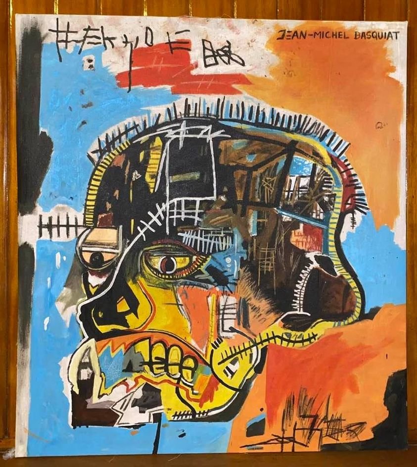 Jean Michel Basquiat (Oil on Canvas) Style of: In the style of Jean-Michel Basquiat Oil on Canvas 34 1/2 x 31 in. Jean-Michel Basquiat (December 22, 1960 – August 12, 1988) was an American artist of Haitian and Puerto Rican descent. Basquiat fir