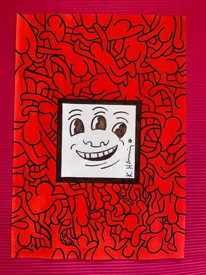 Keith Haring mixed media drawing (in the style of): In the style of Keith Haring Drawing on paper 11 3/4 x 8 1/4 in. Keith Haring was born in 1958 in Reading, Pennsylvania, and grew up in Kutztown, a nearby town. He died in New York in 1990. ... In 198