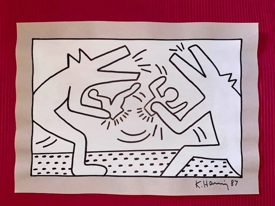 Keith Haring mixed media drawing (in the style of): In the style of Keith Haring Drawing on paper 11 3/4 x 8 1/4 in. Keith Haring was born in 1958 in Reading, Pennsylvania, and grew up in Kutztown, a nearby town. He died in New York in 1990. ... In 198
