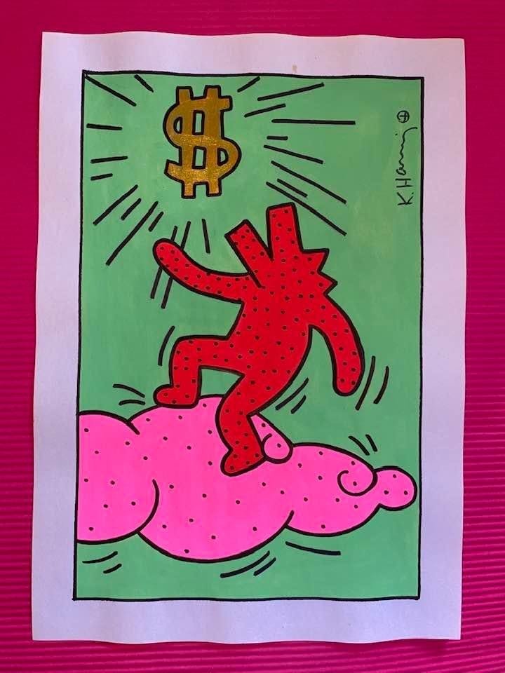 Keith Haring mixed media drawing (in the style of): In the style of Keith Haring Drawing on paper 11 3/4 x 8 1/4 in. Keith Haring was born in 1958 in Reading, Pennsylvania, and grew up in Kutztown, a nearby town. He died in New York in 1990. ... In 198