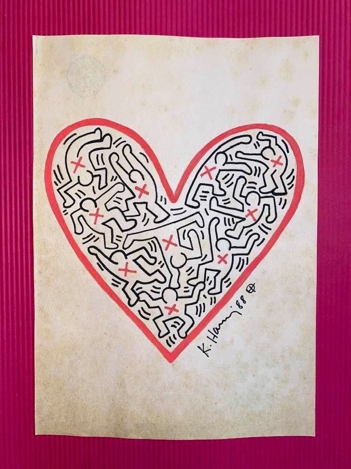 Keith Haring mixed media drawing (in the style of): In the style of Keith Haring Drawing on paper 11 3/4 x 8 1/4 in. Keith Haring was born in 1958 in Reading, Pennsylvania, and grew up in Kutztown, a nearby town. He died in New York in 1990. ... In 198
