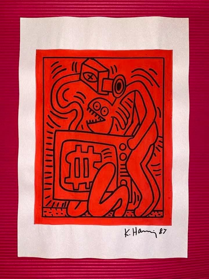 Keith Haring mixed media drawing (in the style of): In the style of Keith Haring Drawing on paper 11 3/4 x 8 1/4 in. Keith Haring was born in 1958 in Reading, Pennsylvania, and grew up in Kutztown, a nearby town. He died in New York in 1990. ... In 198