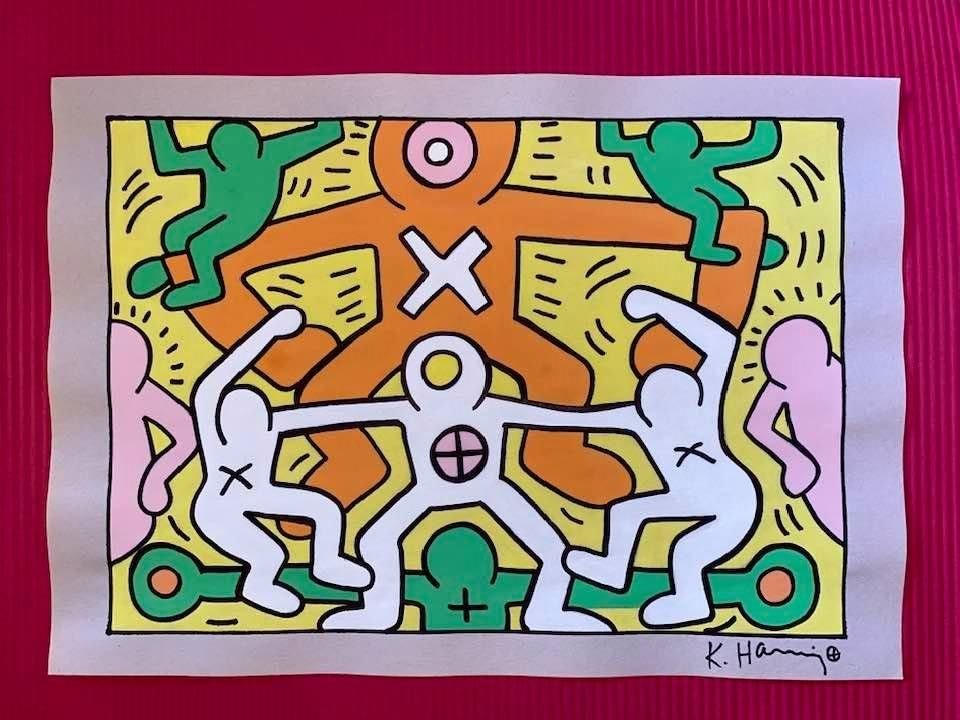 Keith Haring mixed media drawing (in the style of): In the style of Keith Haring Drawing on paper 11 3/4 x 8 1/4 in. Keith Haring was born in 1958 in Reading, Pennsylvania, and grew up in Kutztown, a nearby town. He died in New York in 1990. ... In 198