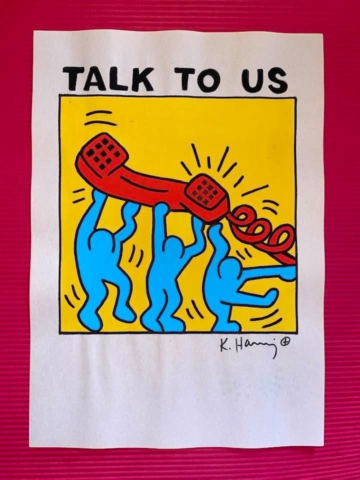 Keith Haring mixed media drawing (in the style of): In the style of Keith Haring Drawing on paper 11 3/4 x 8 1/4 in. Keith Haring was born in 1958 in Reading, Pennsylvania, and grew up in Kutztown, a nearby town. He died in New York in 1990. ... In 198