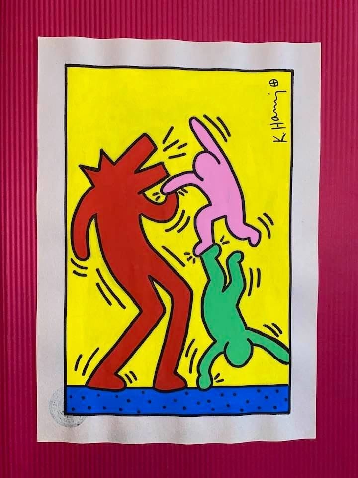 Keith Haring mixed media drawing (in the style of): In the style of Keith Haring Drawing on paper 11 3/4 x 8 1/4 in. Keith Haring was born in 1958 in Reading, Pennsylvania, and grew up in Kutztown, a nearby town. He died in New York in 1990. ... In 198