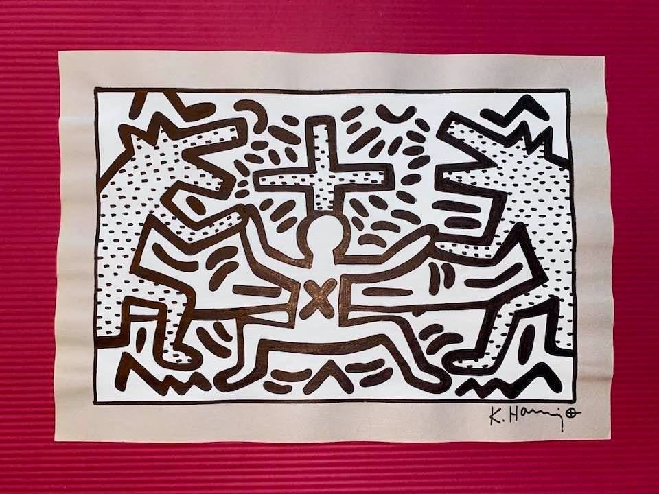 Keith Haring mixed media drawing (in the style of): In the style of Keith Haring Drawing on paper 11 3/4 x 8 1/4 in. Keith Haring was born in 1958 in Reading, Pennsylvania, and grew up in Kutztown, a nearby town. He died in New York in 1990. ... In 198