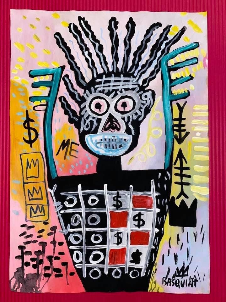 Jean-Michel Basquiat Mixed Media (In the Style of): In the style of Jean-Michel Basquiat Drawing on paper 11 1/2 x 8 1/4 in. Jean-Michel Basquiat (December 22, 1960 – August 12, 1988) was an American artist of Haitian and Puerto Rican descent. Basqui