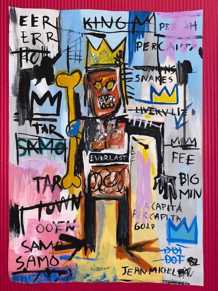 Jean-Michel Basquiat Mixed Media (In the Style of): In the style of Jean-Michel Basquiat Drawing on paper 11 1/2 x 8 1/4 in. Jean-Michel Basquiat (December 22, 1960 – August 12, 1988) was an American artist of Haitian and Puerto Rican descent. Basqui