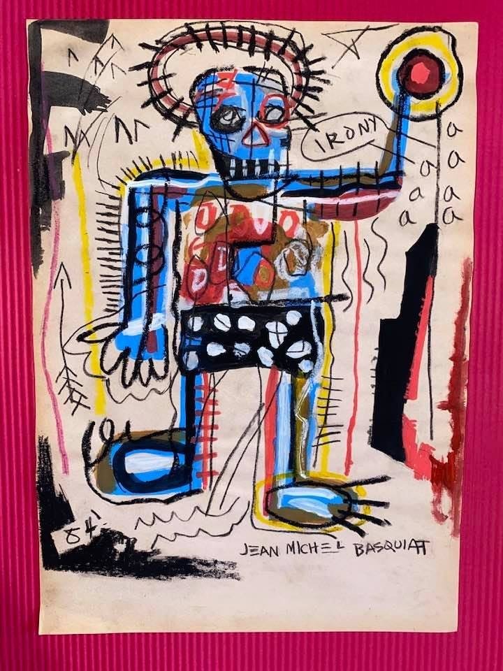 Jean-Michel Basquiat Mixed Media (In the Style of): In the style of Jean-Michel Basquiat Drawing on paper 11 1/2 x 8 1/4 in. Jean-Michel Basquiat (December 22, 1960 – August 12, 1988) was an American artist of Haitian and Puerto Rican descent. Basqui