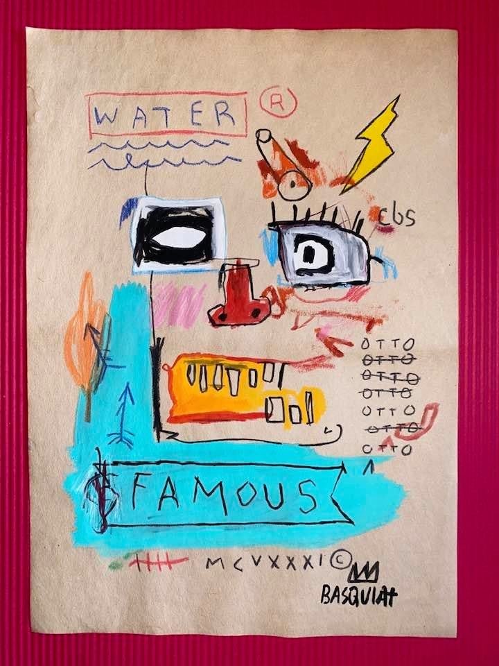 Jean-Michel Basquiat Mixed Media (In the Style of): In the style of Jean-Michel Basquiat Drawing on paper 11 1/2 x 8 1/4 in. Jean-Michel Basquiat (December 22, 1960 – August 12, 1988) was an American artist of Haitian and Puerto Rican descent. Basqui