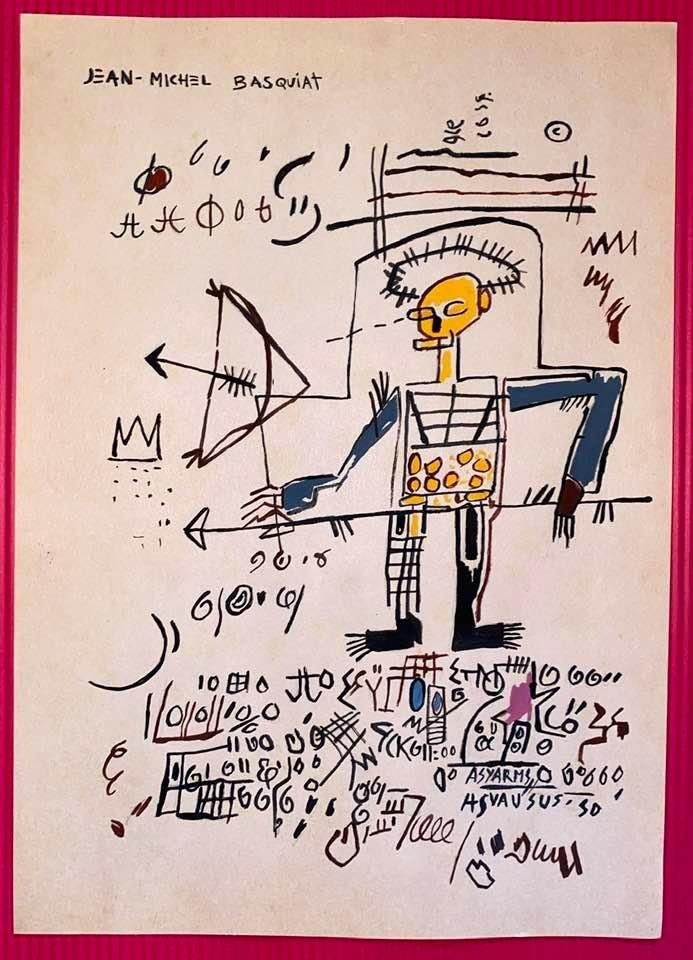 Jean-Michel Basquiat Mixed Media (In the Style of): In the style of Jean-Michel Basquiat Drawing on paper 11 1/2 x 8 1/4 in. Jean-Michel Basquiat (December 22, 1960 – August 12, 1988) was an American artist of Haitian and Puerto Rican descent. Basqui