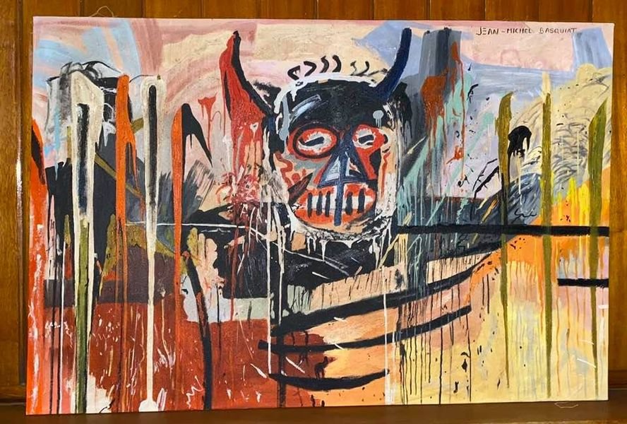Jean Michel Basquiat (Oil on Canvas) Style of: In the style of Jean-Michel Basquiat Oil on Canvas 35 x 23 1/2 in. Jean-Michel Basquiat (December 22, 1960 August 12, 1988) was an American artist of Haitian and Puerto Rican descent. Basquiat first a