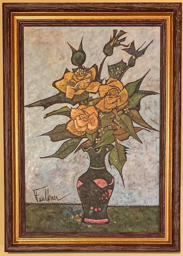 Henry Faulkner (American, 1924-1981) (In the Style of): Oil on Canvas, framed 27 3/4 x 19 3/4 in. Style of Henry Lawrence Faulkner (January 9, 1924 Â– December 3, 1981)- was a Kentucky-born artist and poet known as an eccentric rebel and bohemian. Faulk