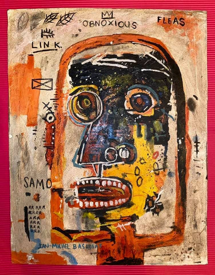 Jean Michel Basquiat (Oil on Cardboard) Style of: In the style of Jean-Michel Basquiat Oil on Cardboard 17 3/4 x 13 3/4 in. Jean-Michel Basquiat (December 22, 1960 – August 12, 1988) was an American artist of Haitian and Puerto Rican descent. Basqu